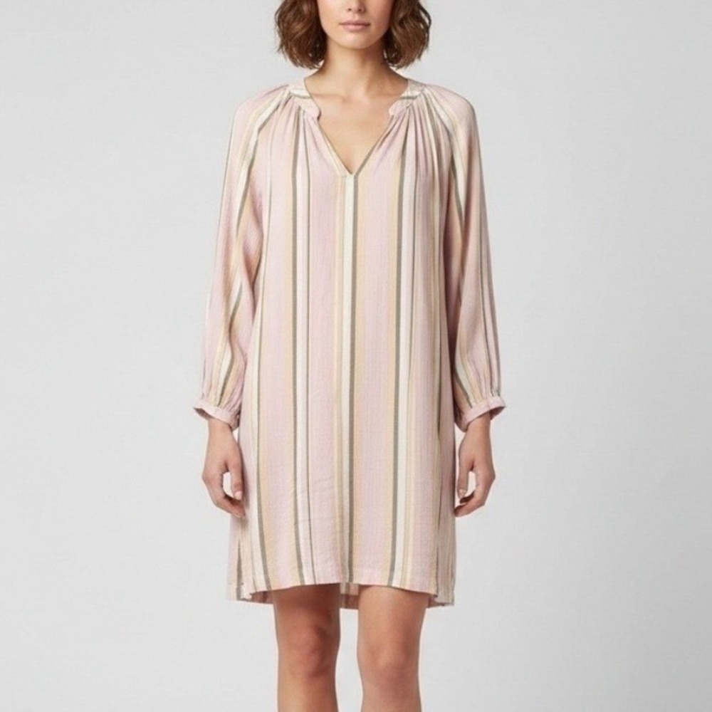Xirena Sabrine Pink Striped Cotton Gauze V-Neck Mini Dress Long Sleeve Sz Small